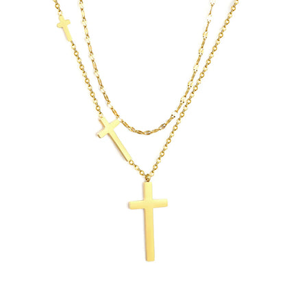 Stainless Steel Gold Cross Pendant Lip Chain + Cross Chain Double Chain Necklace Jewelry Supplier