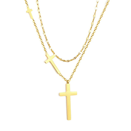 Stainless Steel Gold Cross Pendant Lip Chain + Cross Chain Double Chain Necklace Jewelry Supplier