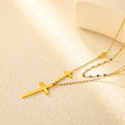 Stainless Steel Gold Cross Pendant Lip Chain + Cross Chain Double Chain Necklace Jewelry Supplier
