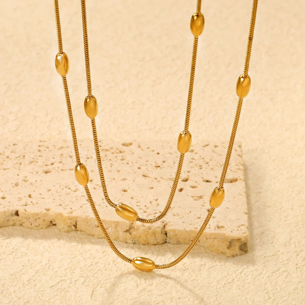 Stainless Steel Gold Oval Bead Double-Layer Snake Bone Chain Necklace Jewelry Supplier