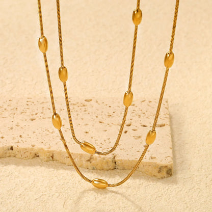 Stainless Steel Gold Oval Bead Double-Layer Snake Bone Chain Necklace Jewelry Supplier