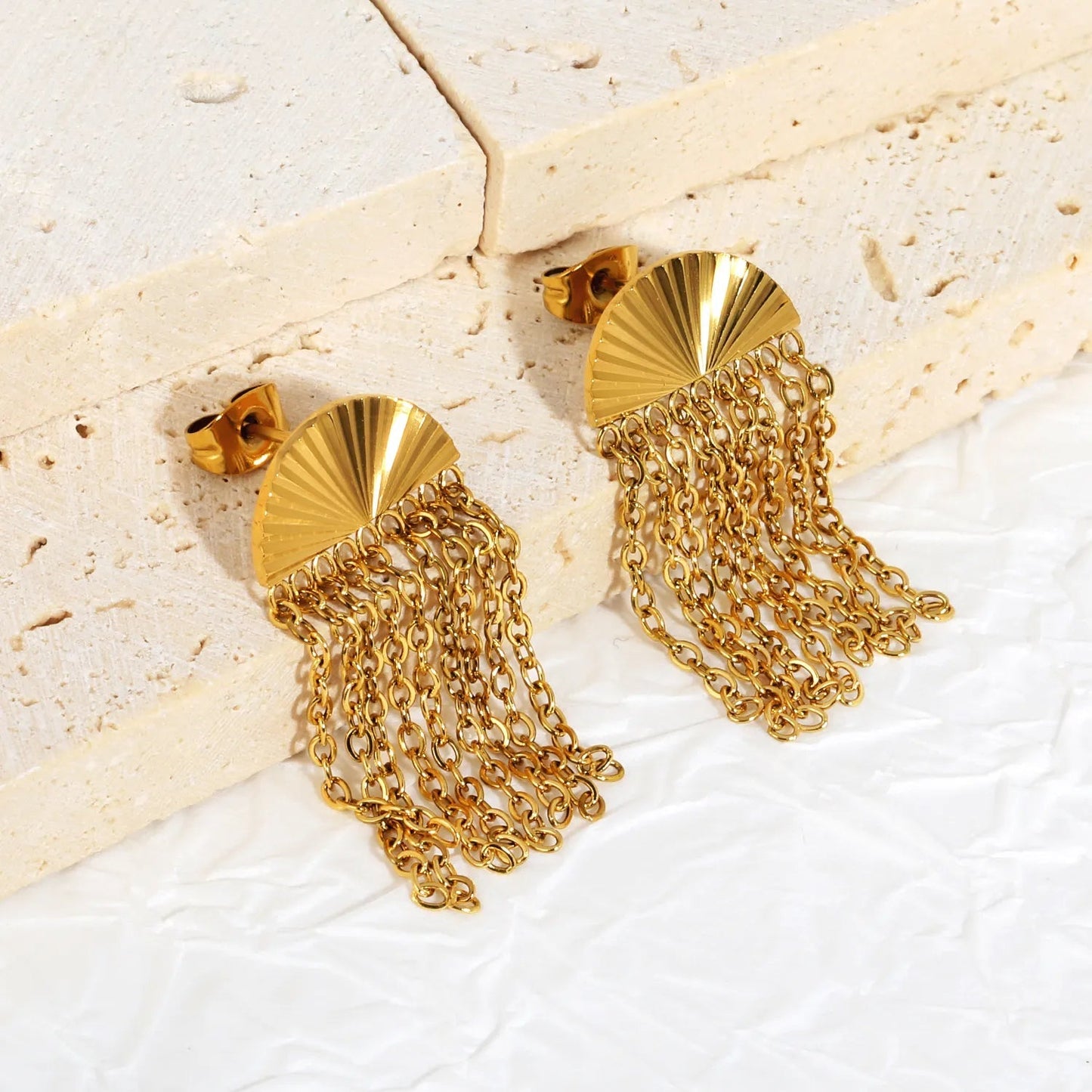 Stainless Steel Tassel Earrings | Gold Fan O-Chain Drop