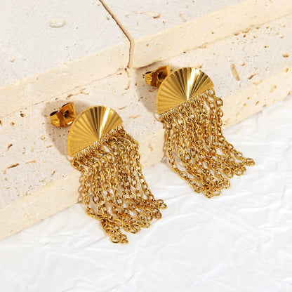 Stainless Steel Tassel Earrings | Gold Fan O-Chain Drop