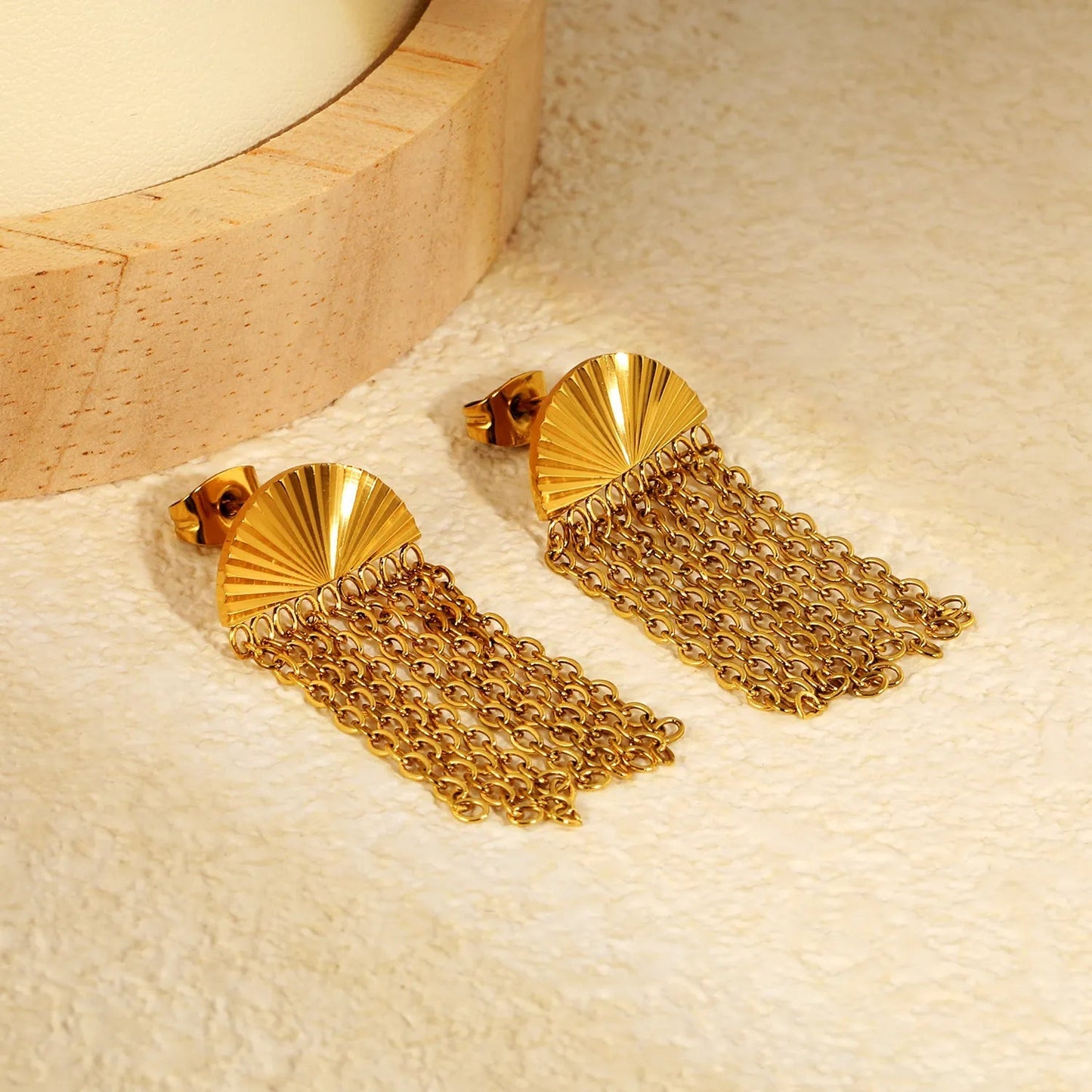 Stainless Steel Tassel Earrings | Gold Fan O-Chain Drop