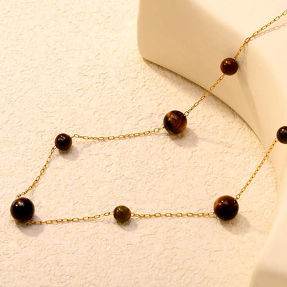 Stainless Steel Tiger Eye Necklace with Beaded Stone
