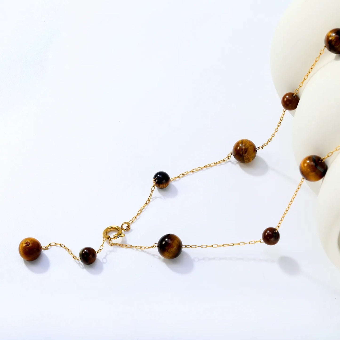 Stainless Steel Tiger Eye Necklace with Beaded Stone