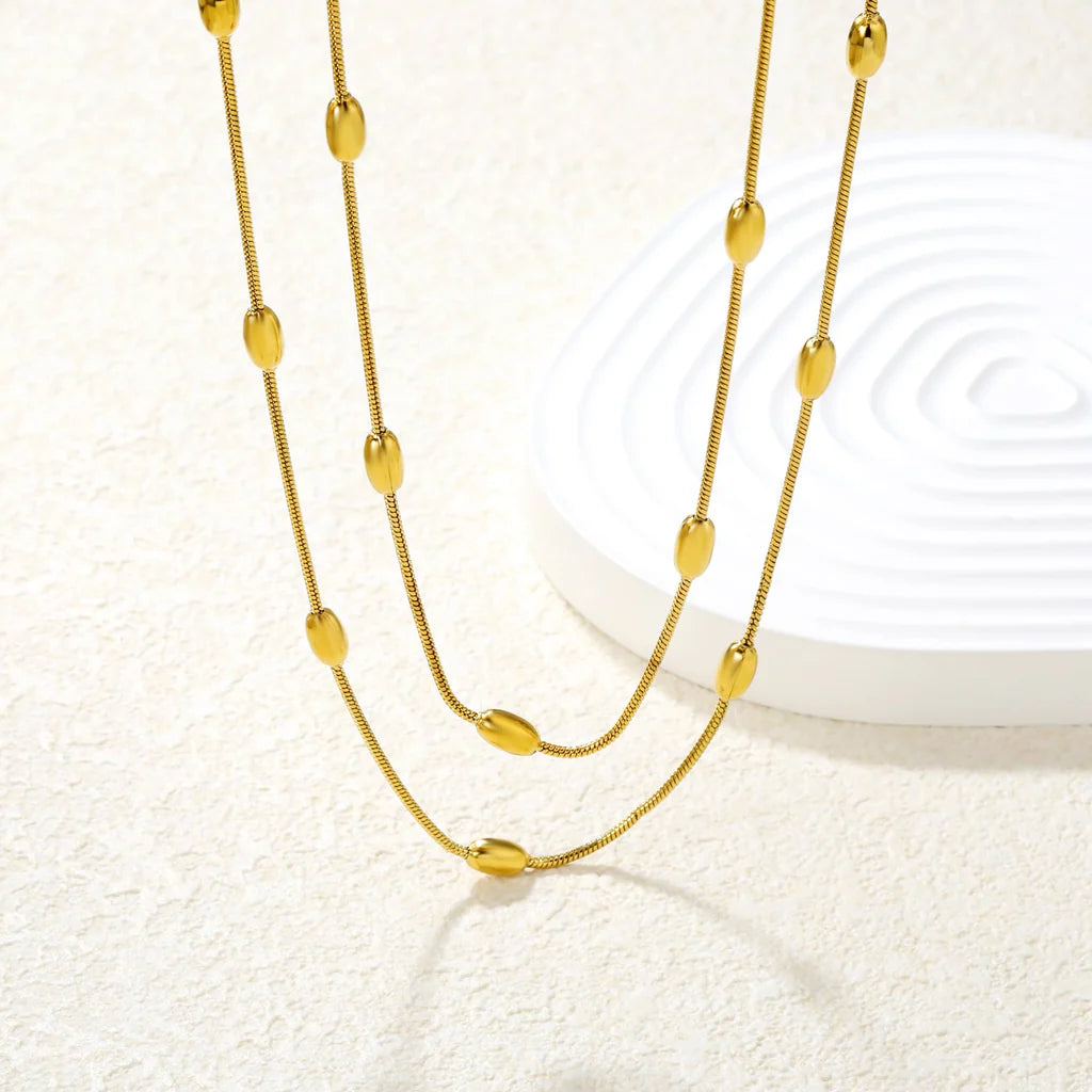 Stainless Steel Gold Oval Bead Double-Layer Snake Bone Chain Necklace Jewelry Supplier