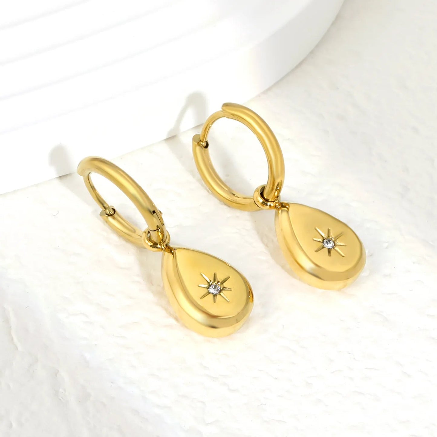 Starburst Zircon Teardrop Stainless Steel Huggie Hoops