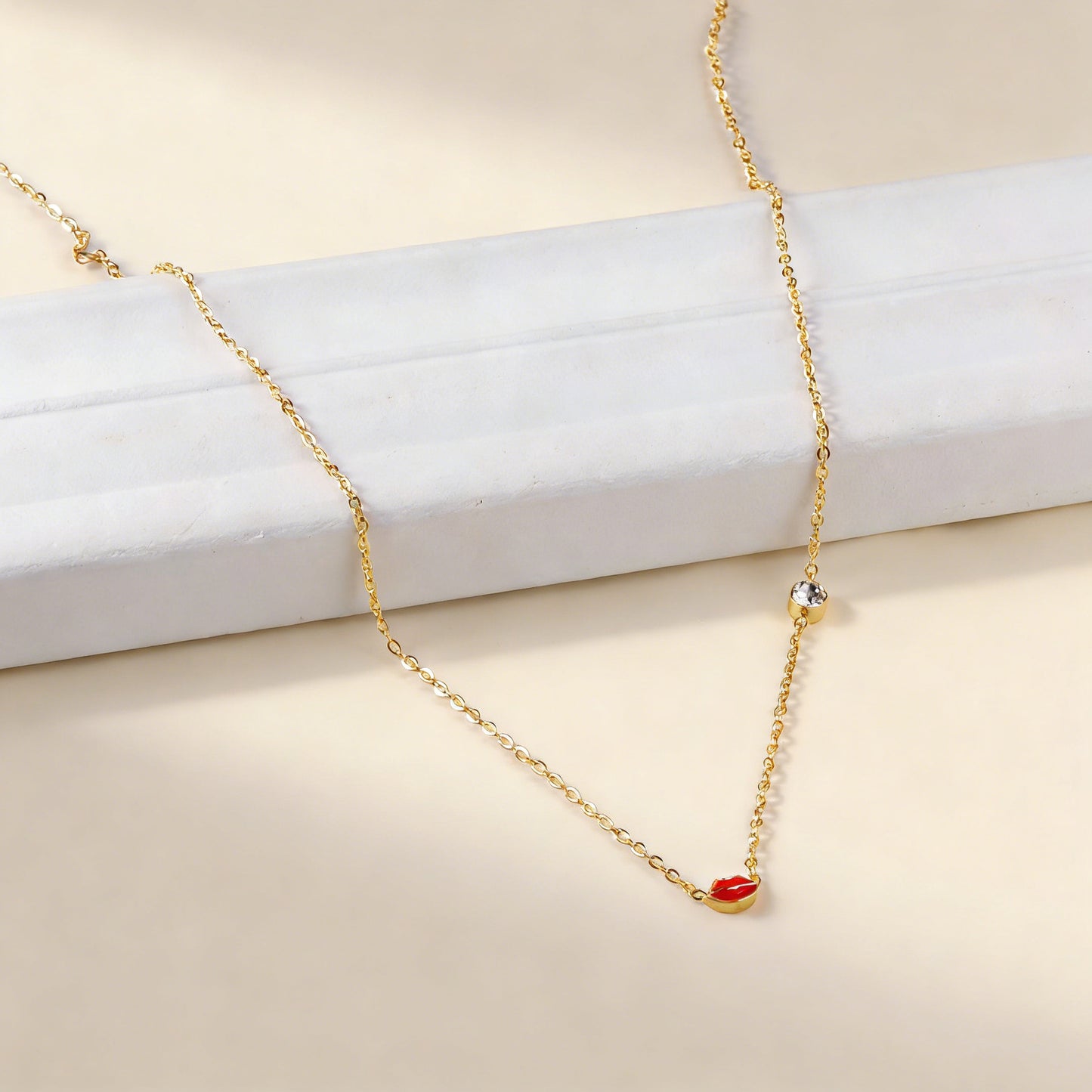 Statement Lip CZ Necklace for Women – 304L Steel Gold Plated Adjustable 45+5cm