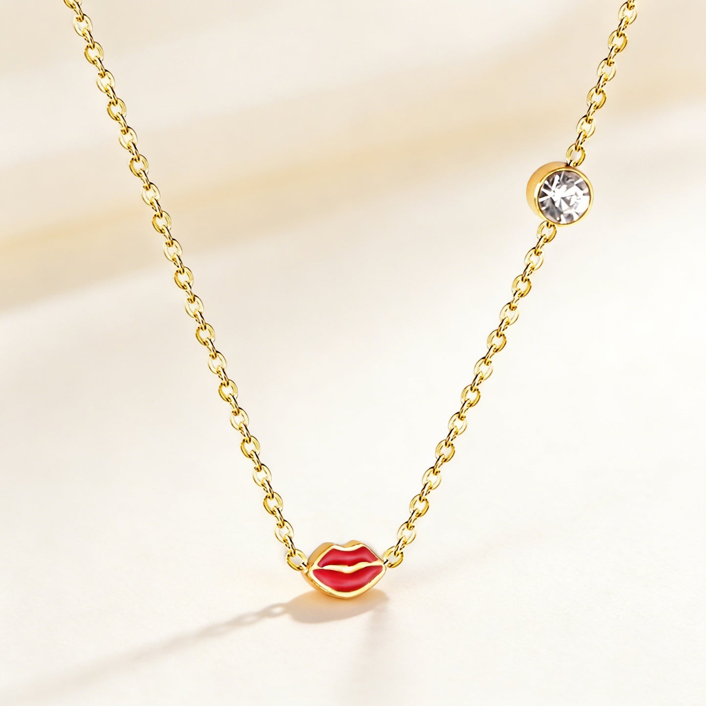 Statement Lip CZ Necklace for Women – 304L Steel Gold Plated Adjustable 45+5cm