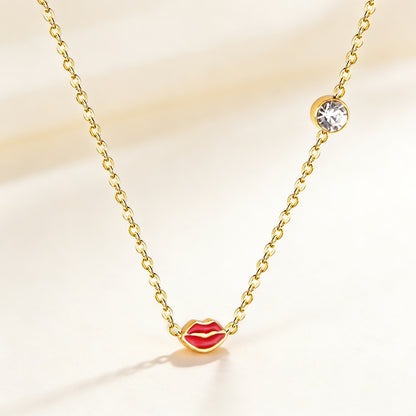 Statement Lip CZ Necklace for Women – 304L Steel Gold Plated Adjustable 45+5cm