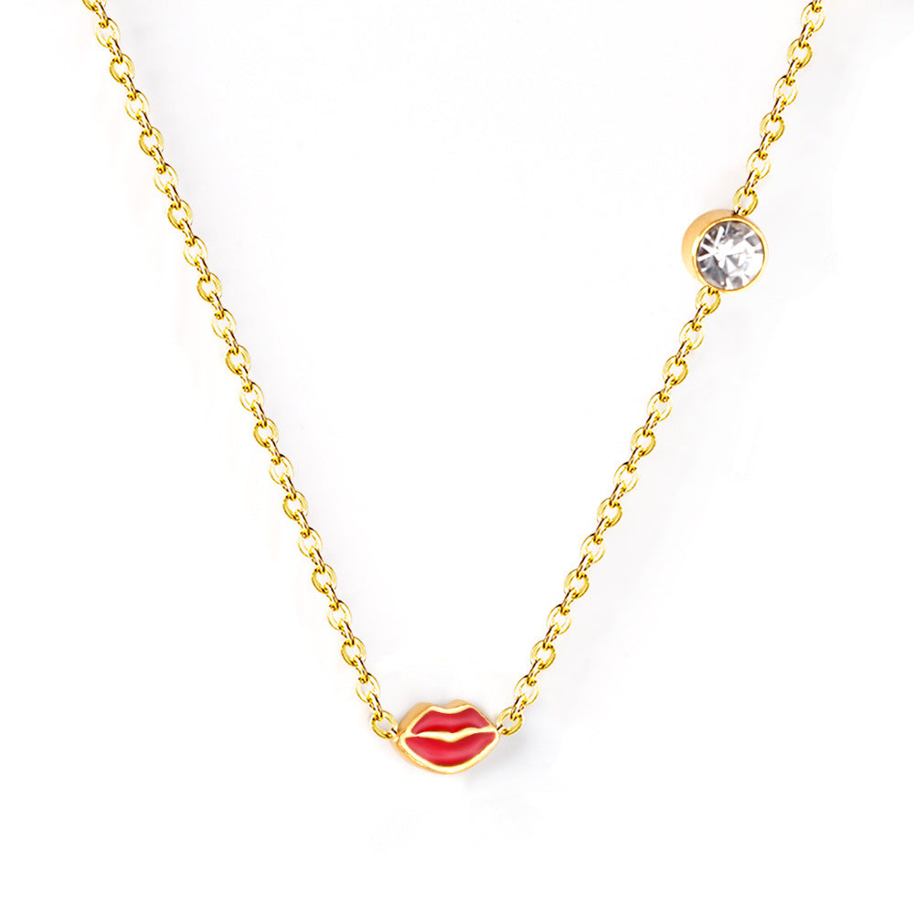 Statement Lip CZ Necklace for Women – 304L Steel Gold Plated Adjustable 45+5cm