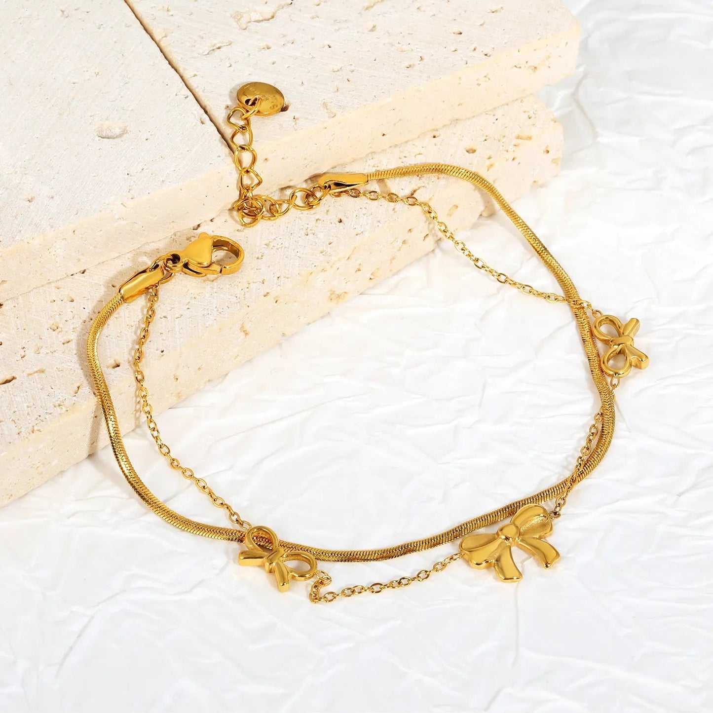 Sweet Bow Double Snake Bracelet | 304L Steel Gold Hypoallergenic 18cm