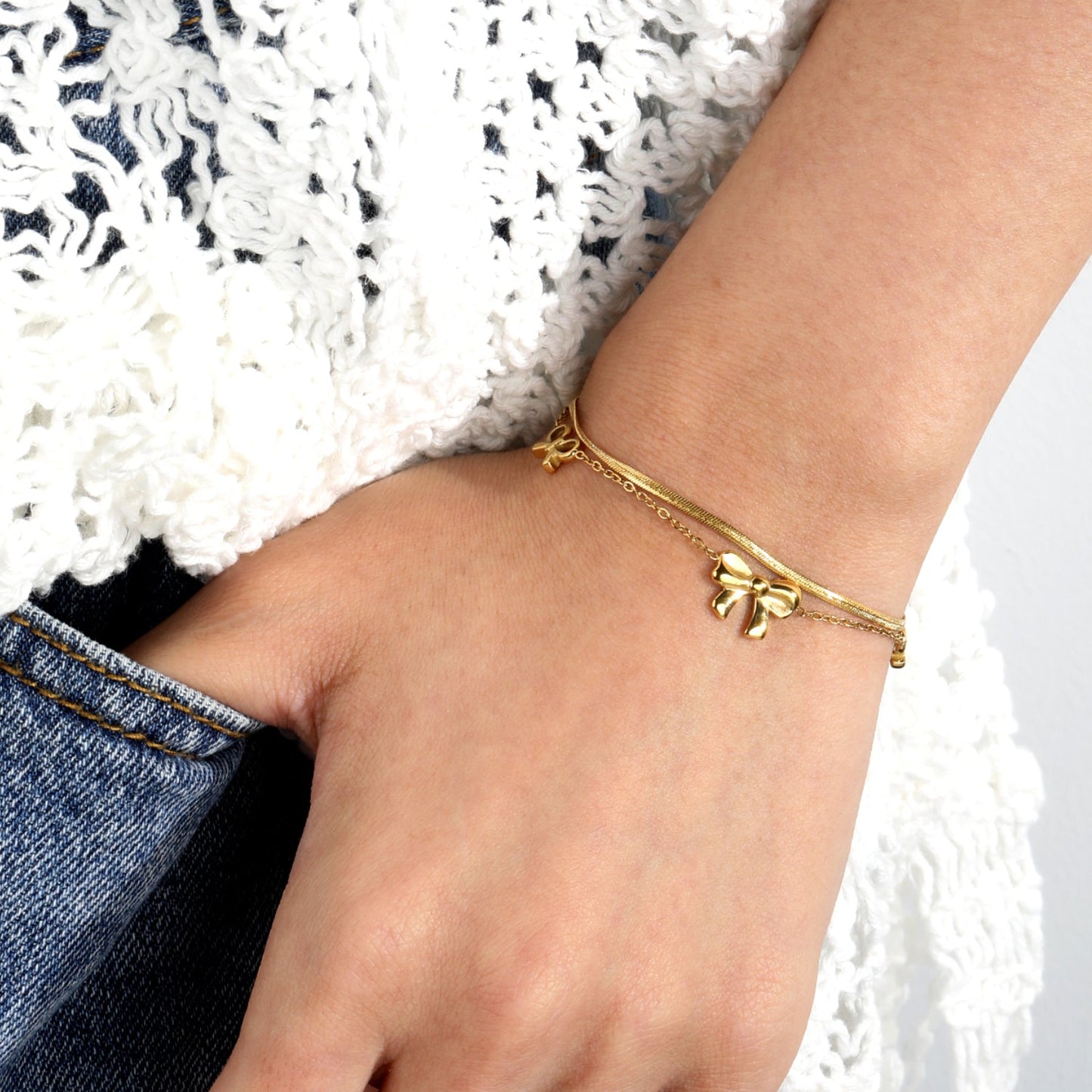 Sweet Bow Double Snake Bracelet | 304L Steel Gold Hypoallergenic 18cm