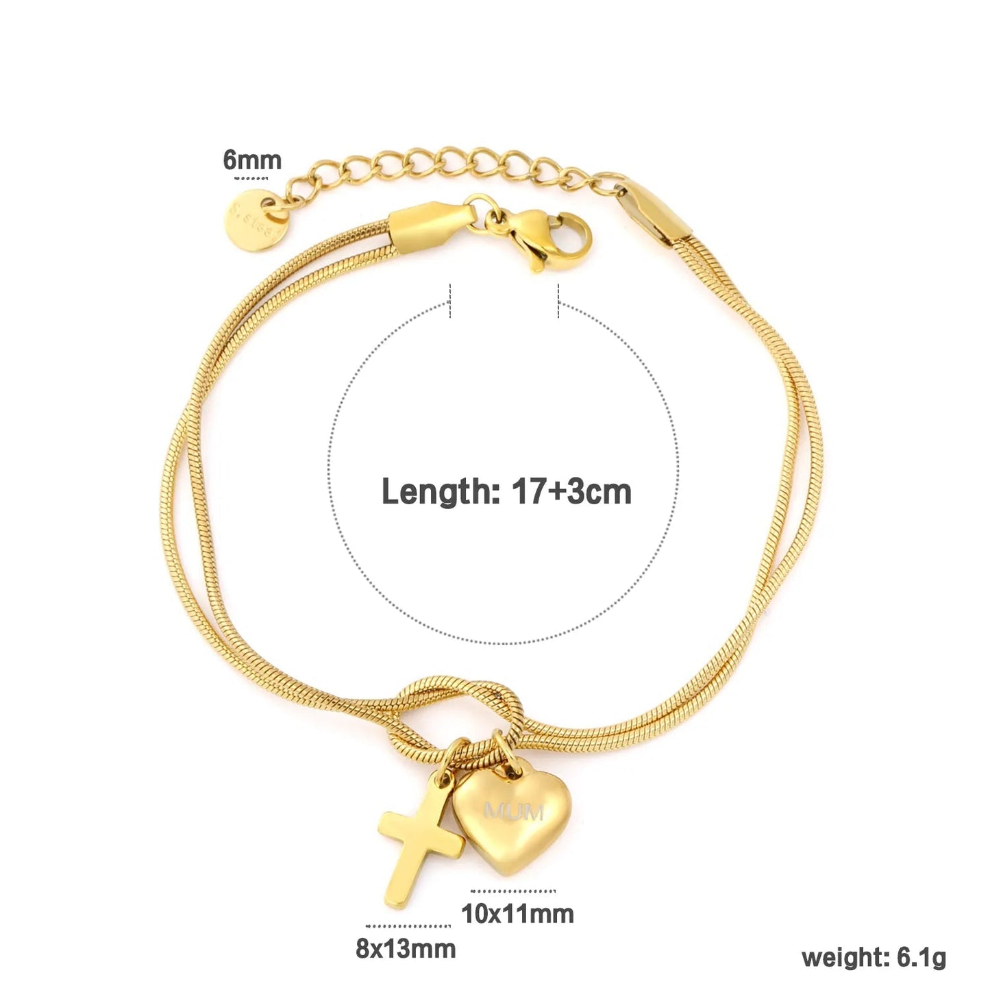 Tarnish-Free Mum Bracelet | 304L Stainless Steel Knot Design with Cross & Heart