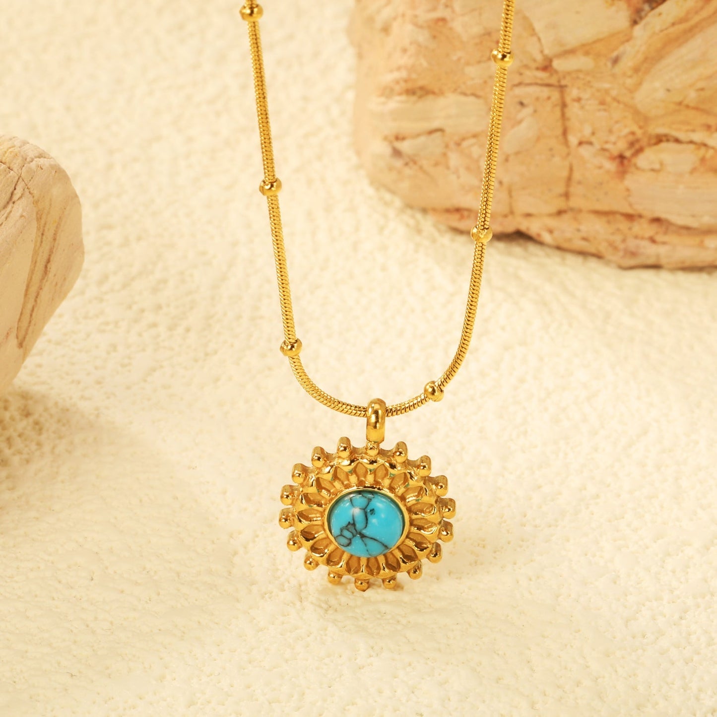 Tarnish-Free Turquoise Sunflower Pendant Necklace | Hypoallergenic Stainless Steel