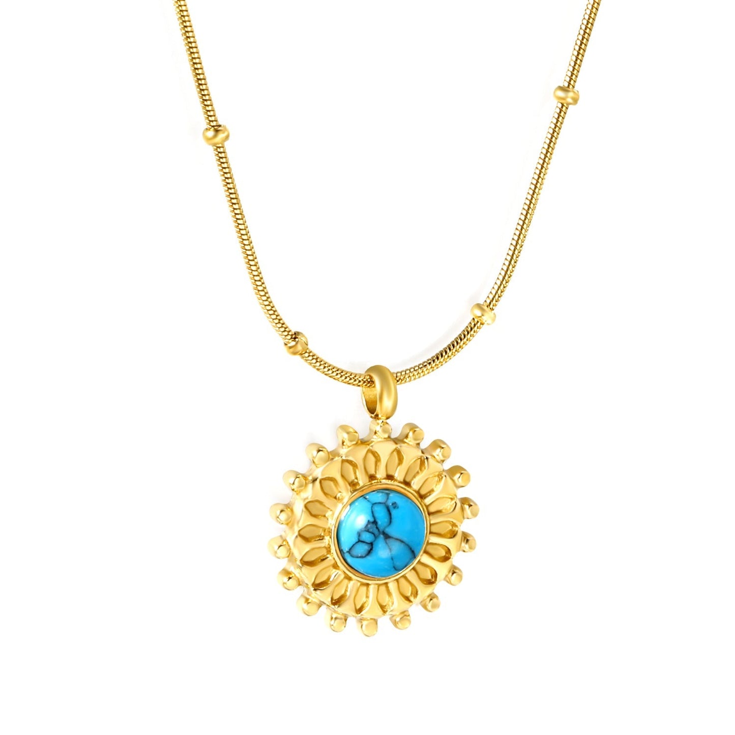 Tarnish-Free Turquoise Sunflower Pendant Necklace | Hypoallergenic Stainless Steel