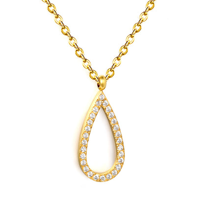 304L Stainless Steel 9x18mm Pear Shape Hollow Pave CZ Necklaces