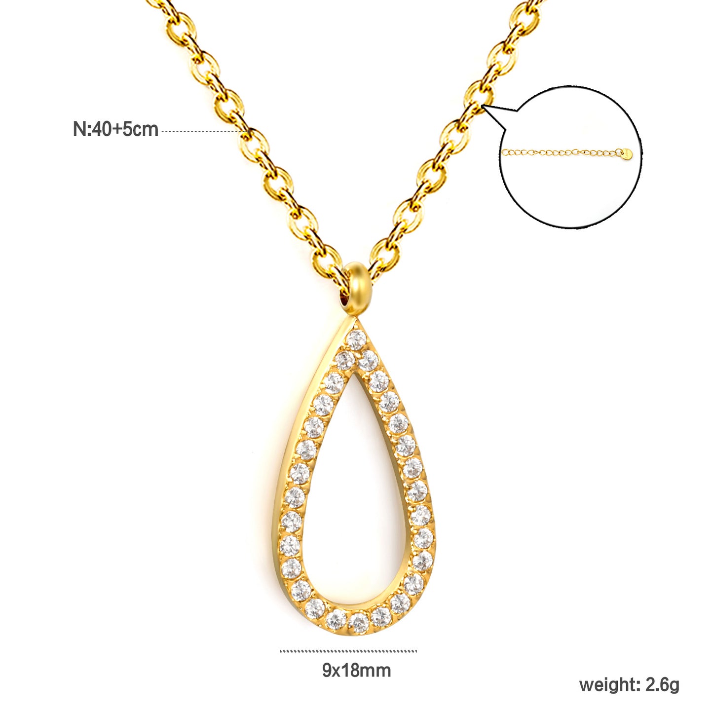 304L Stainless Steel 9x18mm Pear Shape Hollow Pave CZ Necklaces