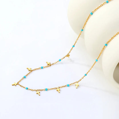 Turquoise Bead & Cross Stainless Steel Dainty Necklace