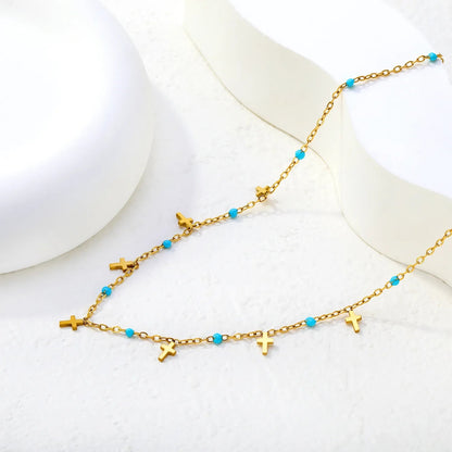 Turquoise Bead & Cross Stainless Steel Dainty Necklace
