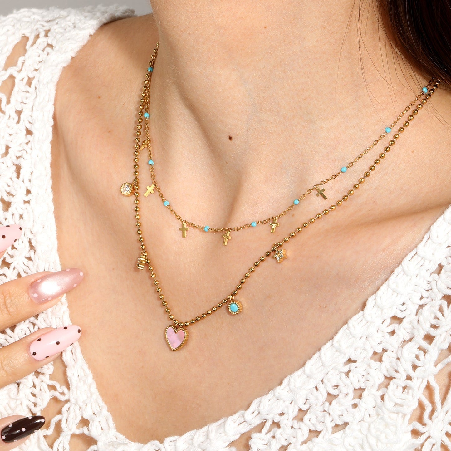 Turquoise Bead & Cross Stainless Steel Dainty Necklace