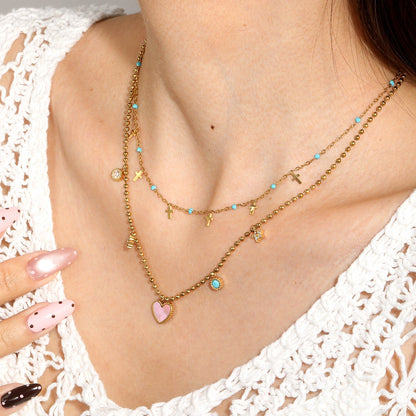 Turquoise Bead & Cross Stainless Steel Dainty Necklace