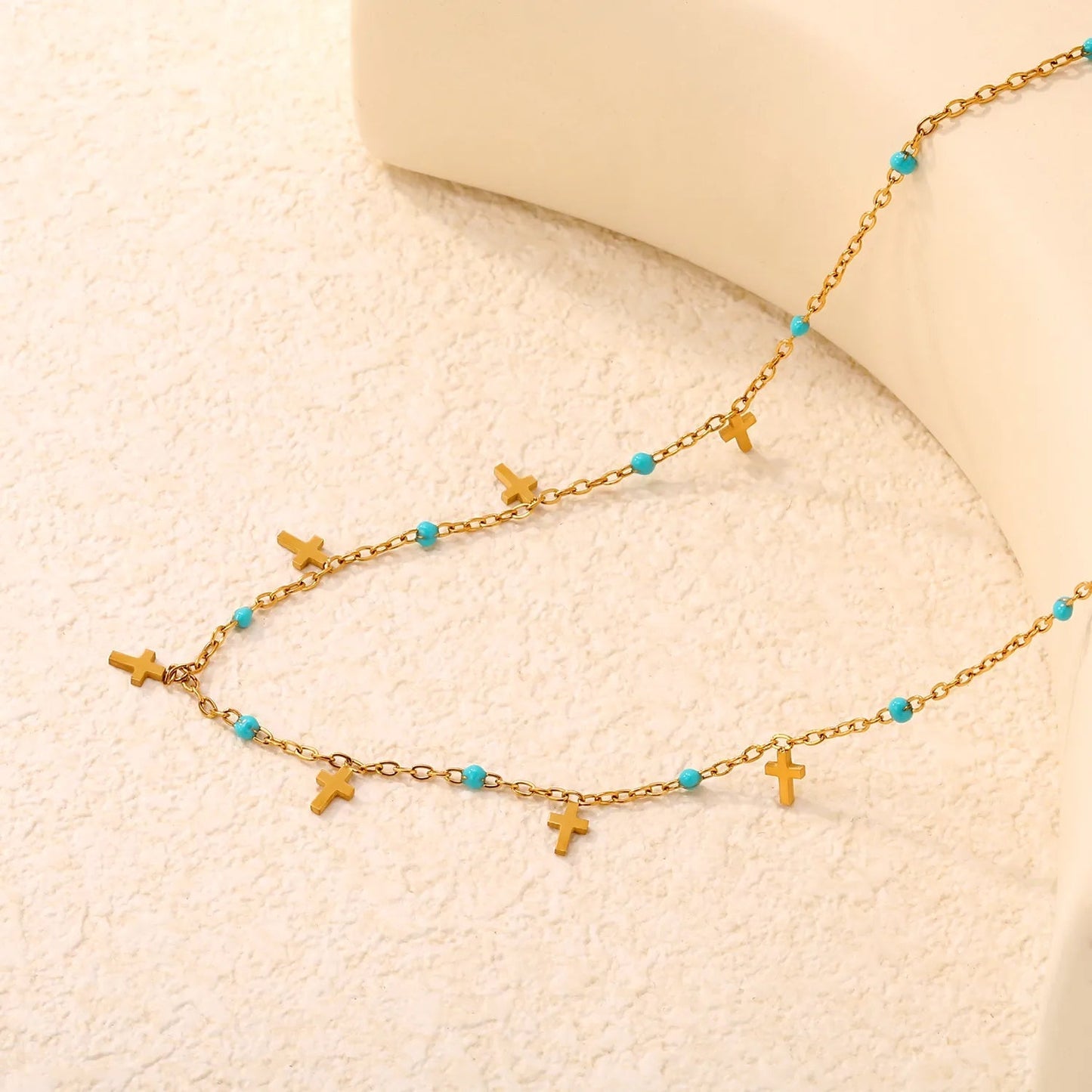 Turquoise Bead & Cross Stainless Steel Dainty Necklace