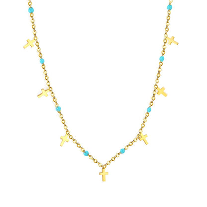 Turquoise Bead & Cross Stainless Steel Dainty Necklace
