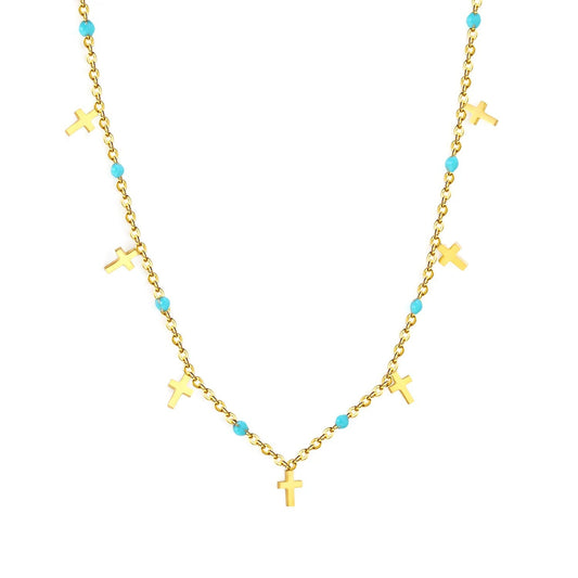 Turquoise Bead & Cross Stainless Steel Dainty Necklace