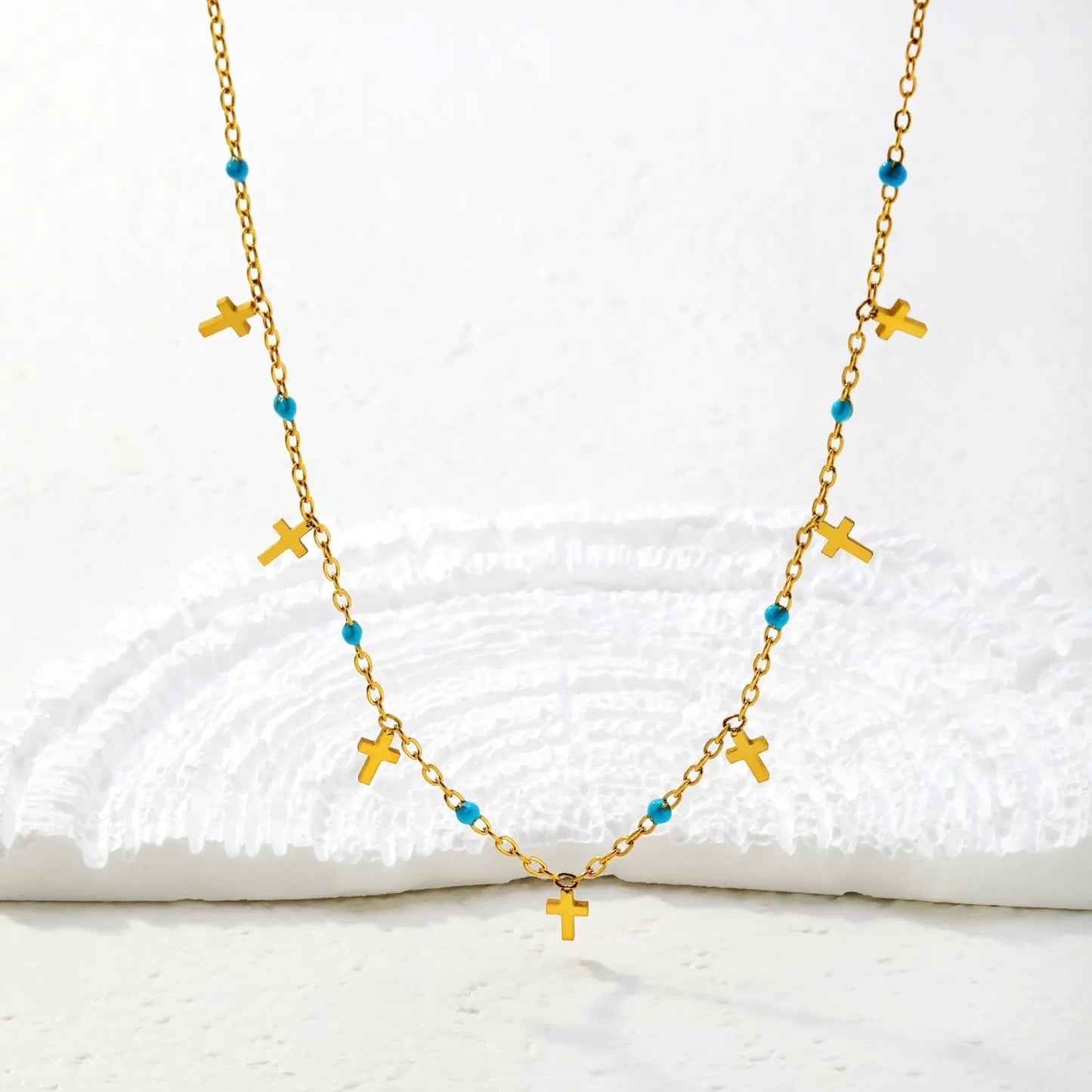 Turquoise Bead & Cross Stainless Steel Dainty Necklace