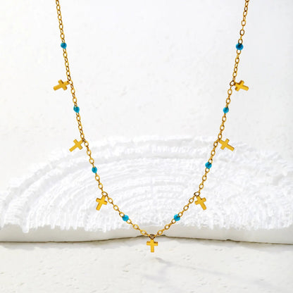 Turquoise Bead & Cross Stainless Steel Dainty Necklace