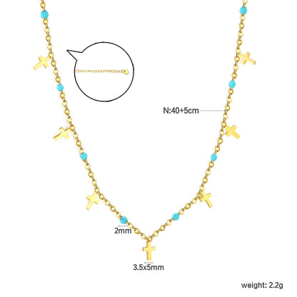 Turquoise Bead & Cross Stainless Steel Dainty Necklace