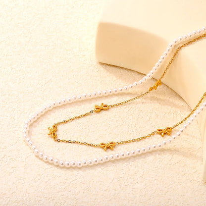 Vintage Double Strand Bow Necklace | 304L Steel Gold Hypoallergenic 40+45cm