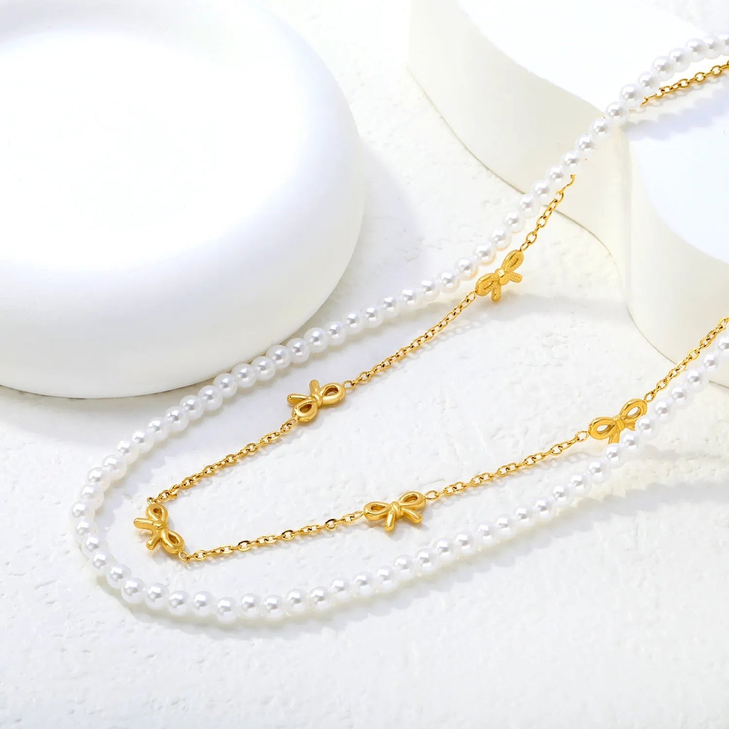 Vintage Double Strand Bow Necklace | 304L Steel Gold Hypoallergenic 40+45cm