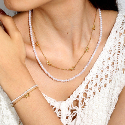Vintage Double Strand Bow Necklace | 304L Steel Gold Hypoallergenic 40+45cm