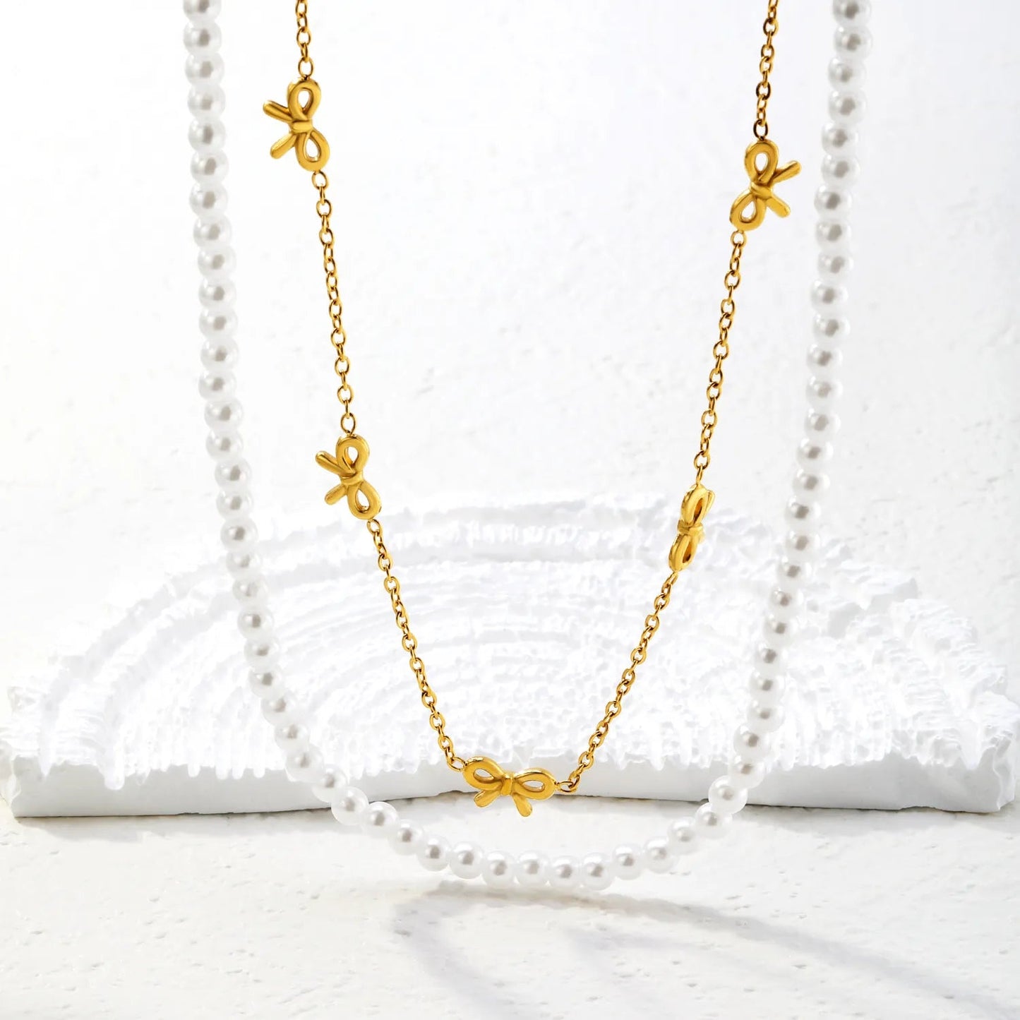 Vintage Double Strand Bow Necklace | 304L Steel Gold Hypoallergenic 40+45cm