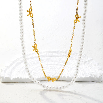 Vintage Double Strand Bow Necklace | 304L Steel Gold Hypoallergenic 40+45cm