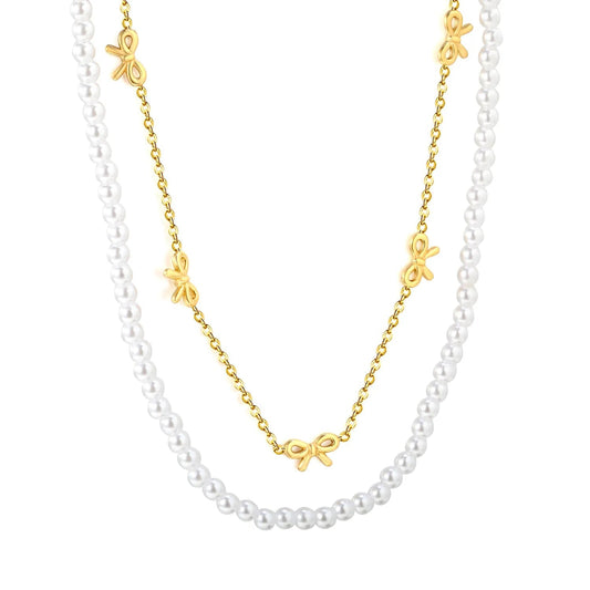 Vintage Double Strand Bow Necklace | 304L Steel Gold Hypoallergenic 40+45cm