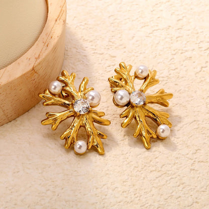 Vintage Snowflake Pearl Stainless Steel Holiday Earrings