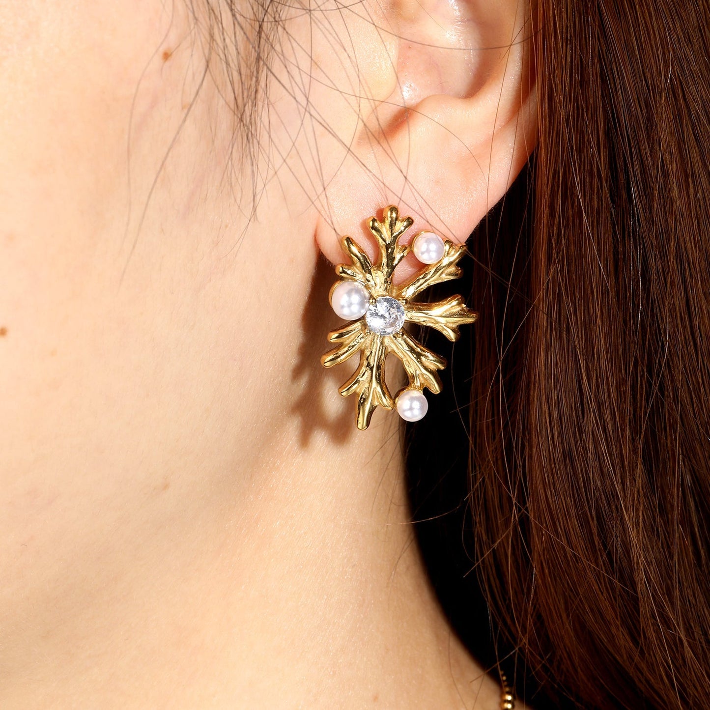 Vintage Snowflake Pearl Stainless Steel Holiday Earrings