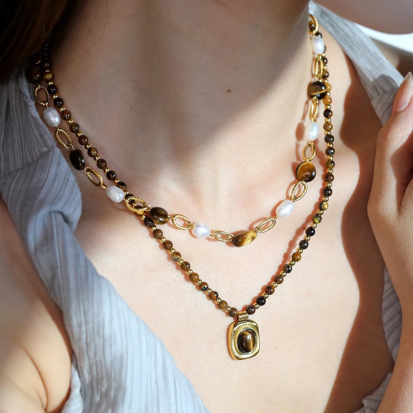 Waterproof Stainless Steel Tiger Eye Necklace | Boho Healing Crystal Jewelry