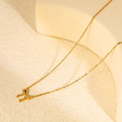 Wholesale 304L Stainless Steel Full CZ Bow Necklace | Rolo Chain 40+5cm