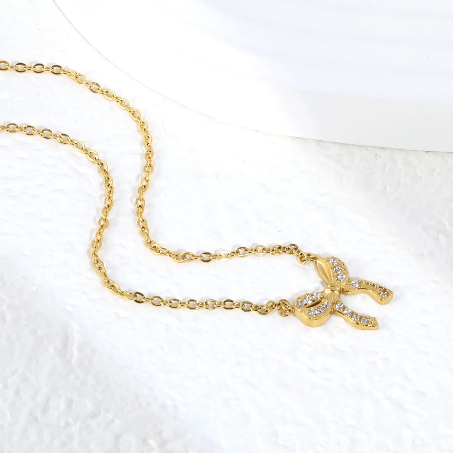 Wholesale 304L Stainless Steel Full CZ Bow Necklace | Rolo Chain 40+5cm