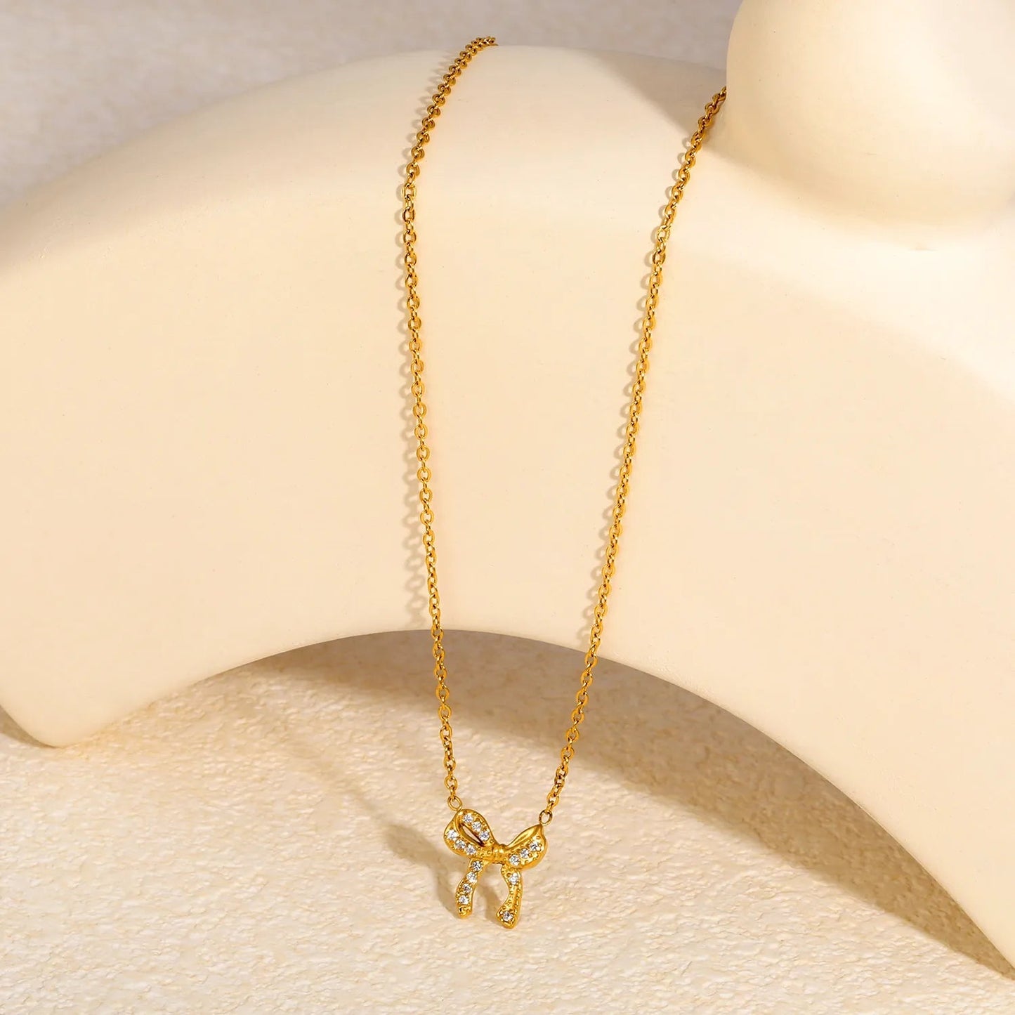 Wholesale 304L Stainless Steel Full CZ Bow Necklace | Rolo Chain 40+5cm