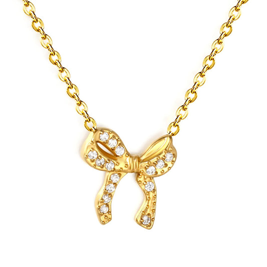 Wholesale 304L Stainless Steel Full CZ Bow Necklace | Rolo Chain 40+5cm