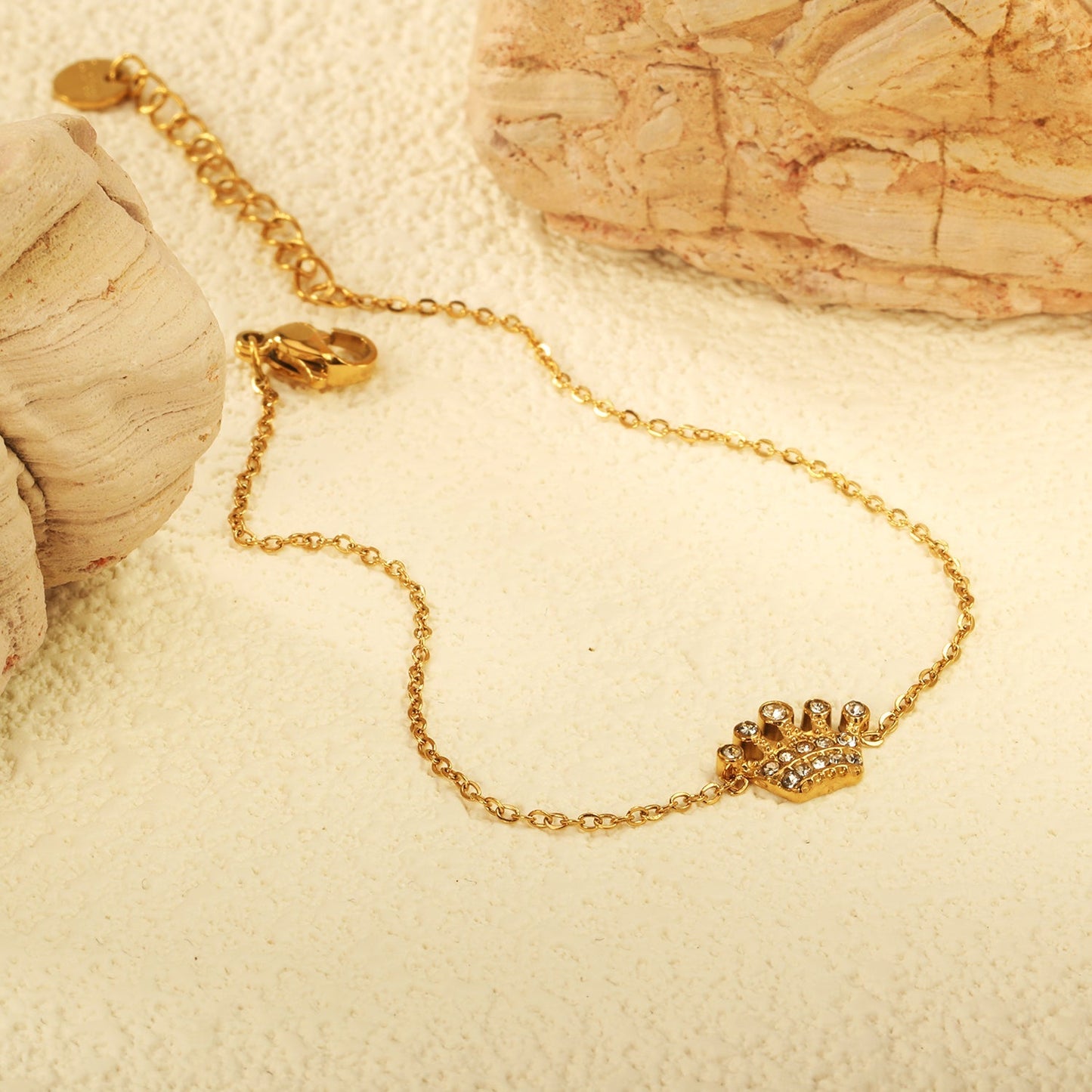 Wholesale 304L Stainless Steel Gold Crown Bracelet CZ Pendant O-Chain 17+3cm
