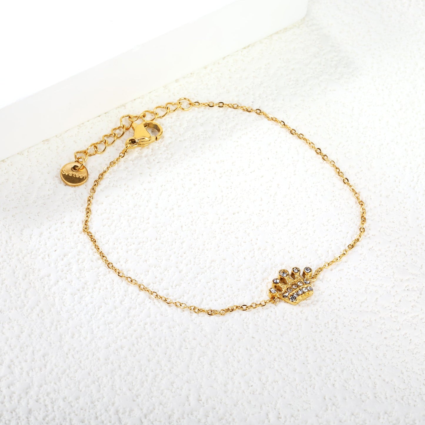 Wholesale 304L Stainless Steel Gold Crown Bracelet CZ Pendant O-Chain 17+3cm