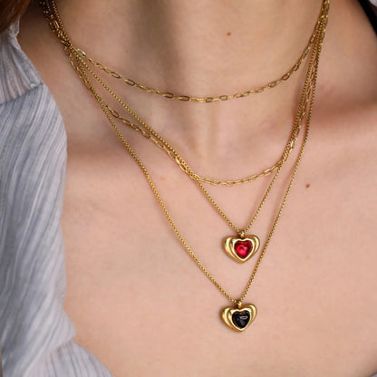 Wholesale 304L Stainless Steel Gold Double Layer Black Enamel Heart Necklace 40+45cm