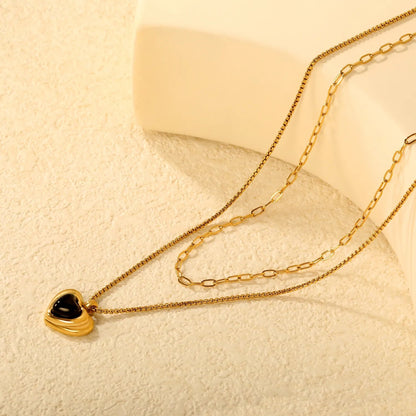 Wholesale 304L Stainless Steel Gold Double Layer Black Enamel Heart Necklace 40+45cm
